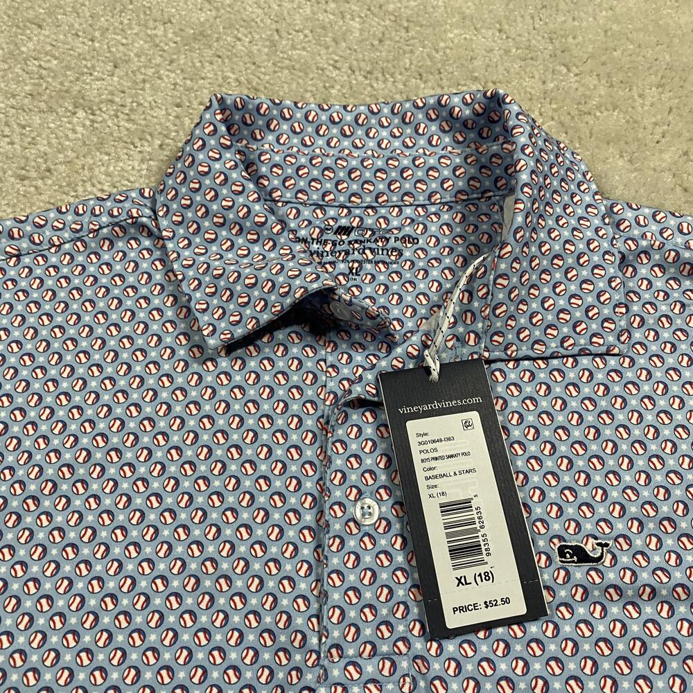 Vineyard Vines Polo Shirt Boys XL Blue Baseball Stars Sankaty On-The-Go USA - Picture 2 of 7
